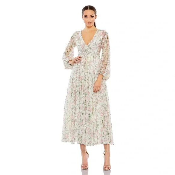 Mac Duggal Floral Midi Dress - White and Pink - Picture 1 of 16